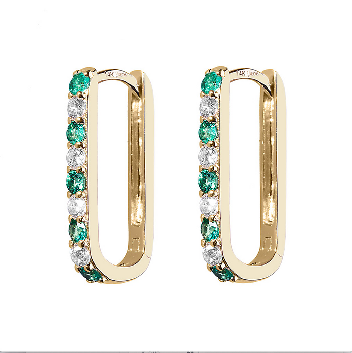 Diamond + Emerald Small Paperclip Hoop Earring