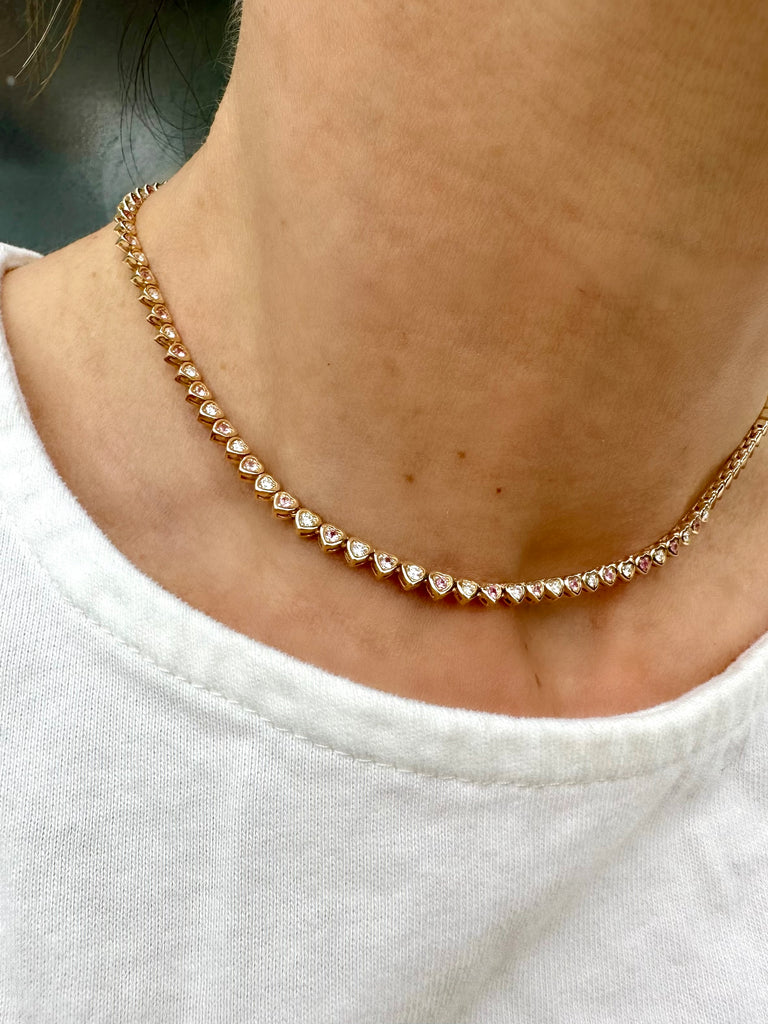 Diamond & Pink Sapphire Heart Tennis Necklace