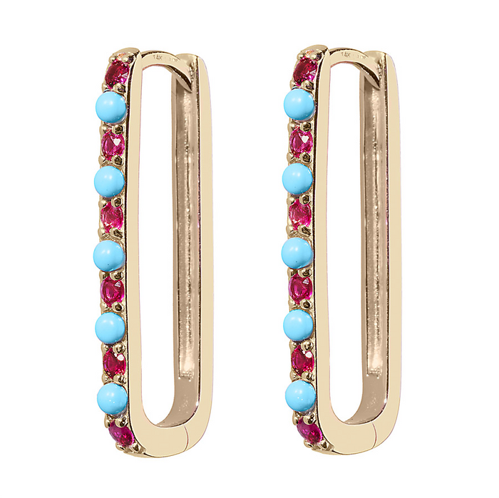 Turquoise & Ruby Large Paperclip Hoop Earring
