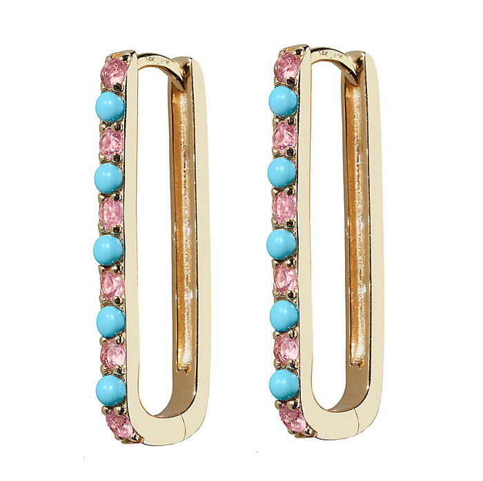 Turquoise & Pink Sapphire Large Paperclip Hoop Earring