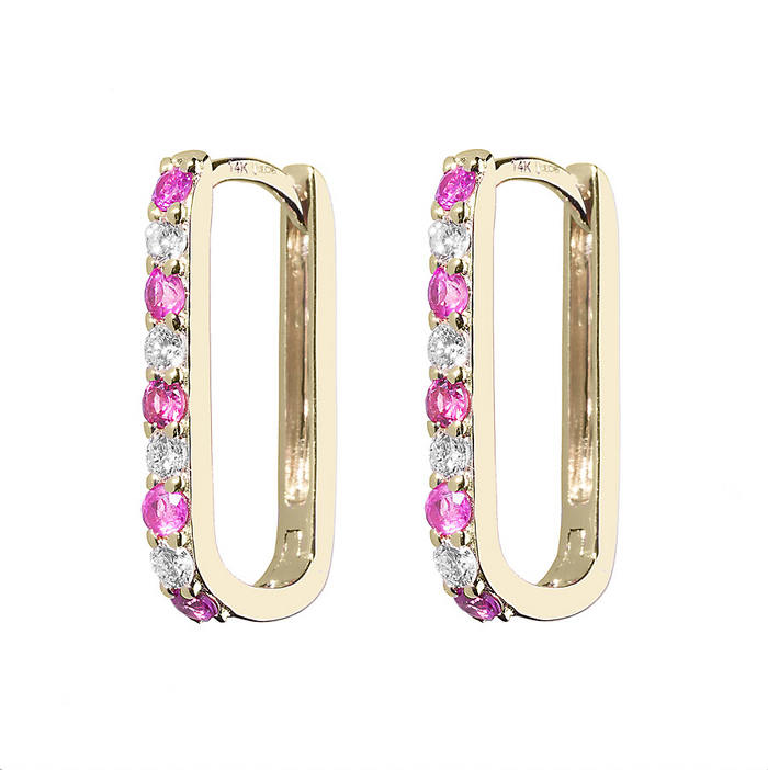 Diamond + Pink Sapphire Small Paperclip Hoop Earring