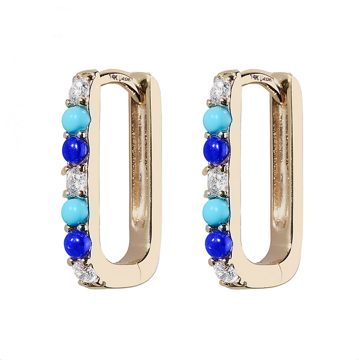 Diamond, Lapis & Turquoise Small Paperclip Hoop Earring